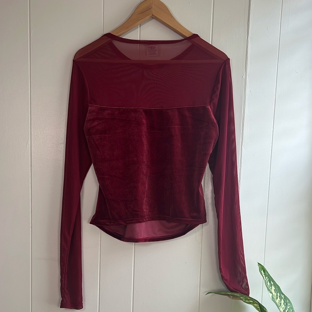 Wild Fable Burgundy Red Velvet Sheer Sleeves Top Size L - Picture 3 of 7